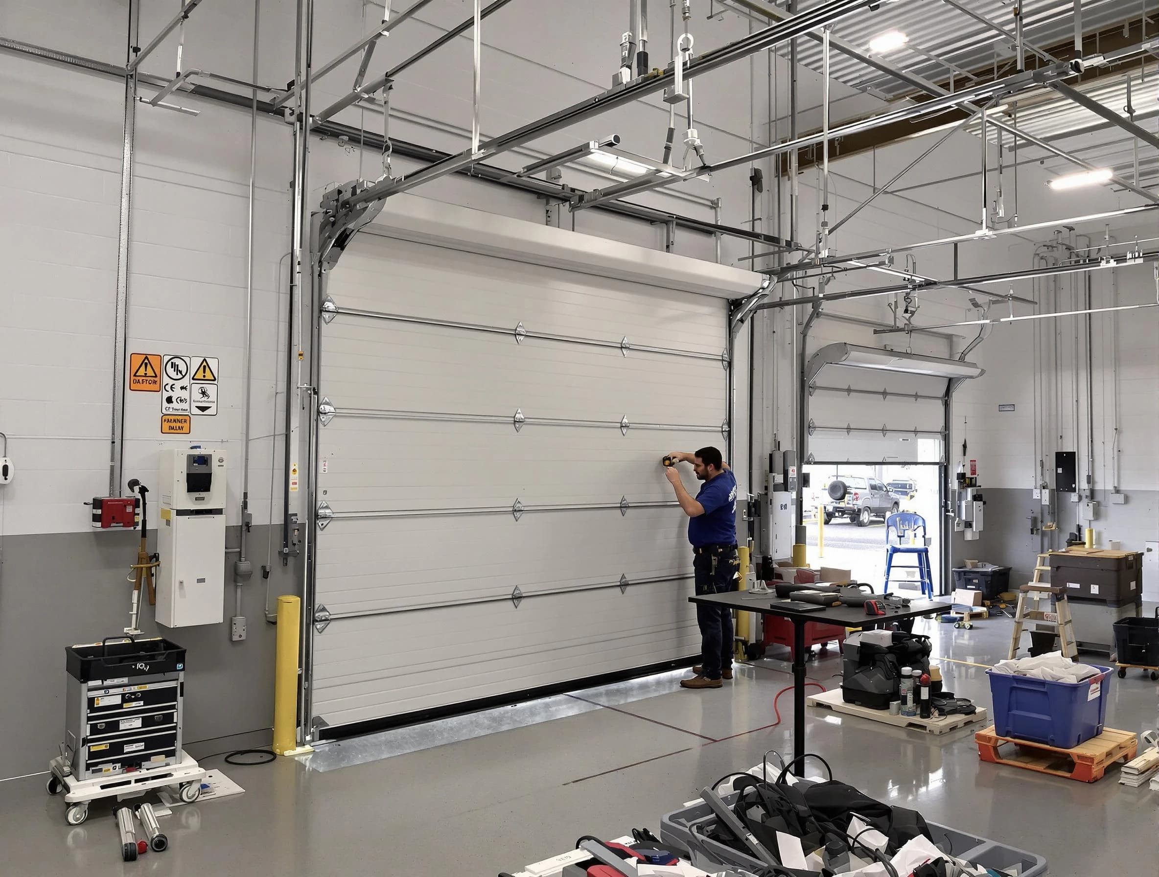 Commercial garage door repair being performed by Morrow Garage Door Repair expert in Morrow