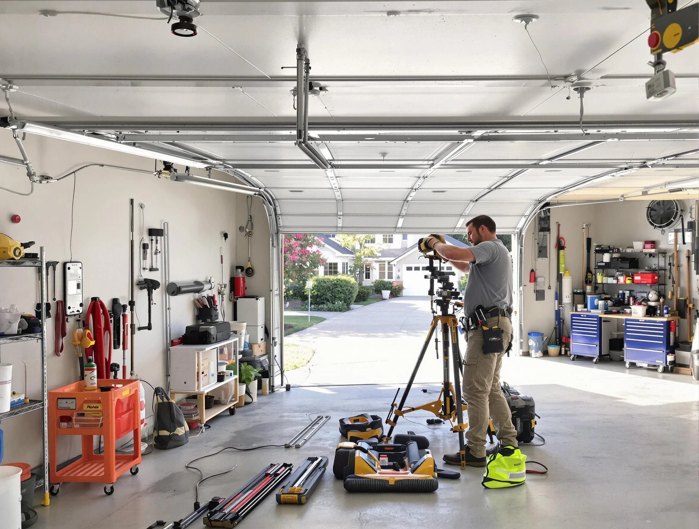 Morrow Garage Door Repair specialist performing laser-guided track alignment in Morrow