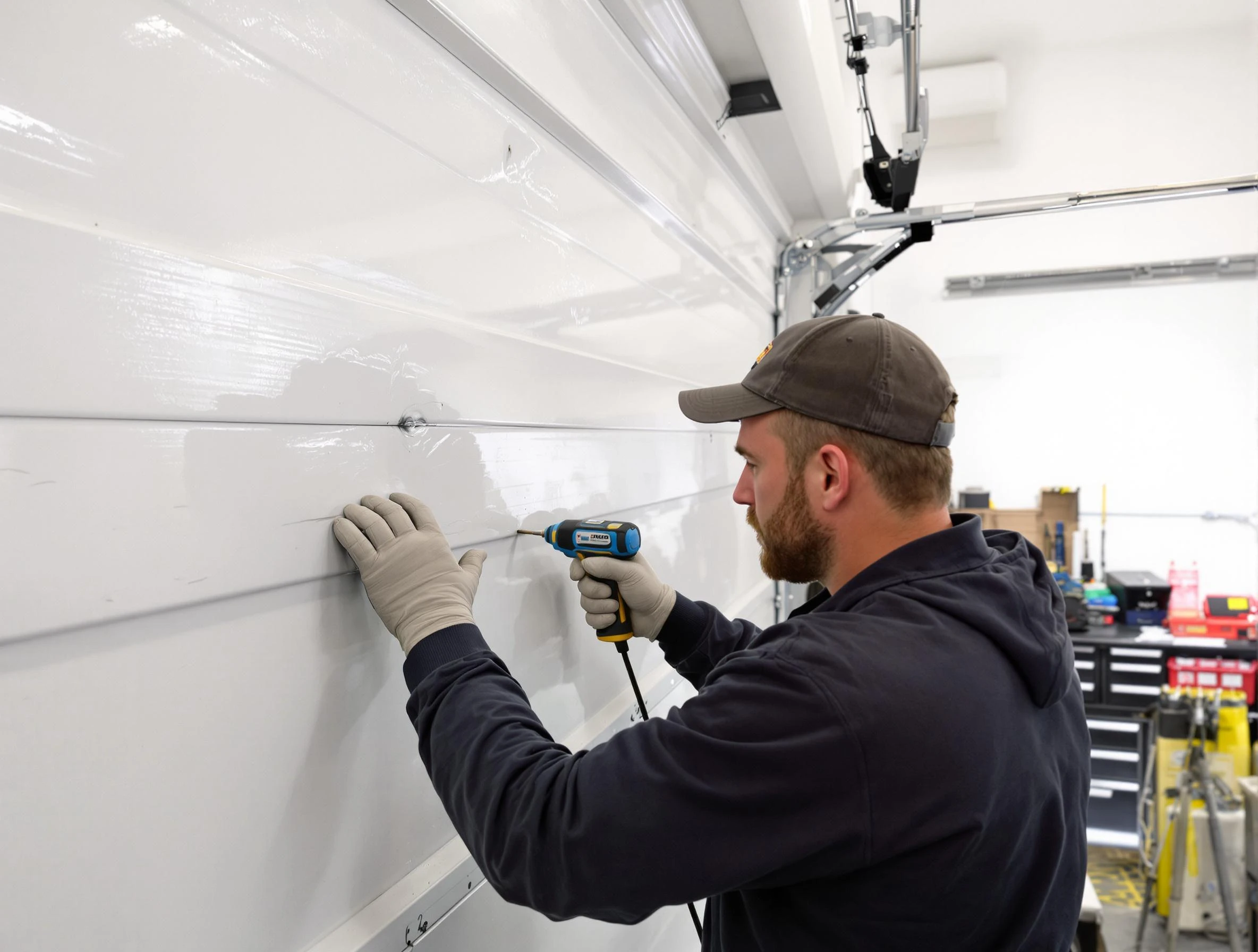 Morrow Garage Door Repair technician demonstrating precision dent removal techniques on a Morrow garage door